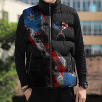 American Flag Smoke Trail Sleeveless Puffer Jacket with Dartboard and Crossed Darts Graphic Design - Wonder Print Shop