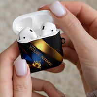 Angry Bowling Ball and Pins AirPods Case with Blue and Gold Metallic Stripe Graphic Design - Wonder Print Shop