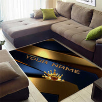 Angry Bowling Ball and Pins Area Rug with Blue and Gold Metallic Stripe Graphic Design - Wonder Print Shop