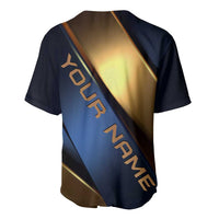 Angry Bowling Ball and Pins Baseball Jersey with Blue and Gold Metallic Stripe Graphic Design - Wonder Print Shop