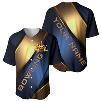 Angry Bowling Ball and Pins Baseball Jersey with Blue and Gold Metallic Stripe Graphic Design - Wonder Print Shop