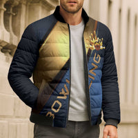 Angry Bowling Ball and Pins Bomber Puffer Jacket with Blue and Gold Metallic Stripe Graphic Design - Wonder Print Shop
