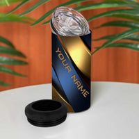 Angry Bowling Ball and Pins 4 in 1 Can Cooler Tumbler with Blue and Gold Metallic Stripe Graphic Design - Wonder Print Shop