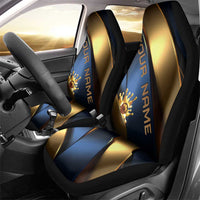 Angry Bowling Ball and Pins Car Seat Cover with Blue and Gold Metallic Stripe Graphic Design - Wonder Print Shop