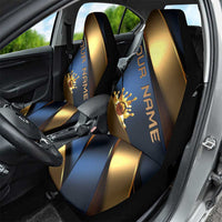 Angry Bowling Ball and Pins Car Seat Cover with Blue and Gold Metallic Stripe Graphic Design - Wonder Print Shop