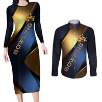Angry Bowling Ball and Pins Couples Matching Long Sleeve Bodycon Dress and Long Sleeve Button Shirt with Blue and Gold Metallic Stripe Graphic Design - Wonder Print Shop