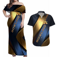 Angry Bowling Ball and Pins Couples Matching Off Shoulder Maxi Dress and Hawaiian Shirt with Blue and Gold Metallic Stripe Graphic Design - Wonder Print Shop