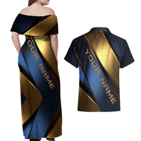 Angry Bowling Ball and Pins Couples Matching Off Shoulder Maxi Dress and Hawaiian Shirt with Blue and Gold Metallic Stripe Graphic Design - Wonder Print Shop