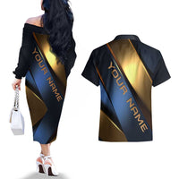 Angry Bowling Ball and Pins Couples Matching Off The Shoulder Long Sleeve Dress and Hawaiian Shirt with Blue and Gold Metallic Stripe Graphic Design - Wonder Print Shop