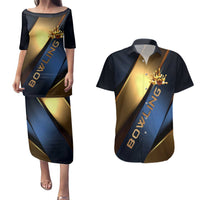 Angry Bowling Ball and Pins Couples Matching Puletasi and Hawaiian Shirt with Blue and Gold Metallic Stripe Graphic Design - Wonder Print Shop