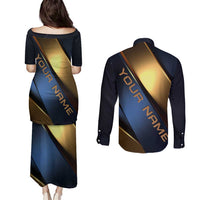 Angry Bowling Ball and Pins Couples Matching Puletasi and Long Sleeve Button Shirt with Blue and Gold Metallic Stripe Graphic Design - Wonder Print Shop