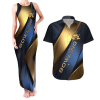 Angry Bowling Ball and Pins Couples Matching Tank Maxi Dress and Hawaiian Shirt with Blue and Gold Metallic Stripe Graphic Design - Wonder Print Shop