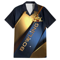 Angry Bowling Ball and Pins Family Matching Off The Shoulder Long Sleeve Dress and Hawaiian Shirt with Blue and Gold Metallic Stripe Graphic Design - Wonder Print Shop