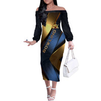 Angry Bowling Ball and Pins Family Matching Off The Shoulder Long Sleeve Dress and Hawaiian Shirt with Blue and Gold Metallic Stripe Graphic Design - Wonder Print Shop