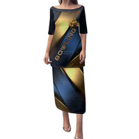 Angry Bowling Ball and Pins Family Matching Puletasi and Hawaiian Shirt with Blue and Gold Metallic Stripe Graphic Design - Wonder Print Shop
