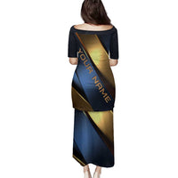 Angry Bowling Ball and Pins Family Matching Puletasi and Hawaiian Shirt with Blue and Gold Metallic Stripe Graphic Design - Wonder Print Shop