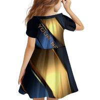 Angry Bowling Ball and Pins Family Matching Short Sleeve Bodycon Dress and Hawaiian Shirt with Blue and Gold Metallic Stripe Graphic Design - Wonder Print Shop