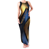 Angry Bowling Ball and Pins Family Matching Tank Maxi Dress and Hawaiian Shirt with Blue and Gold Metallic Stripe Graphic Design - Wonder Print Shop