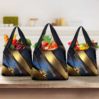 Angry Bowling Ball and Pins Grocery Bag with Blue and Gold Metallic Stripe Graphic Design - Wonder Print Shop