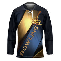 Angry Bowling Ball and Pins Hockey Jersey with Blue and Gold Metallic Stripe Graphic Design - Wonder Print Shop