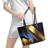 Angry Bowling Ball and Pins Leather Tote Bag with Blue and Gold Metallic Stripe Graphic Design - Wonder Print Shop