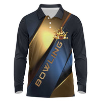 Angry Bowling Ball and Pins Long Sleeve Polo Shirt with Blue and Gold Metallic Stripe Graphic Design - Wonder Print Shop