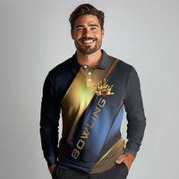 Angry Bowling Ball and Pins Long Sleeve Polo Shirt with Blue and Gold Metallic Stripe Graphic Design - Wonder Print Shop