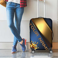 Angry Bowling Ball and Pins Luggage Cover with Blue and Gold Metallic Stripe Graphic Design - Wonder Print Shop