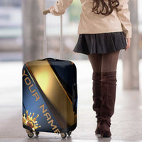 Angry Bowling Ball and Pins Luggage Cover with Blue and Gold Metallic Stripe Graphic Design - Wonder Print Shop