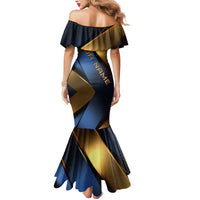 Angry Bowling Ball and Pins Mermaid Dress with Blue and Gold Metallic Stripe Graphic Design - Wonder Print Shop