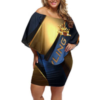 Angry Bowling Ball and Pins Off Shoulder Short Dress with Blue and Gold Metallic Stripe Graphic Design - Wonder Print Shop