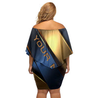 Angry Bowling Ball and Pins Off Shoulder Short Dress with Blue and Gold Metallic Stripe Graphic Design - Wonder Print Shop