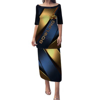 Angry Bowling Ball and Pins Puletasi with Blue and Gold Metallic Stripe Graphic Design - Wonder Print Shop
