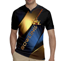 Angry Bowling Ball and Pins Rugby Jersey with Blue and Gold Metallic Stripe Graphic Design - Wonder Print Shop