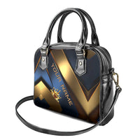 Angry Bowling Ball and Pins Shoulder Handbag with Blue and Gold Metallic Stripe Graphic Design - Wonder Print Shop