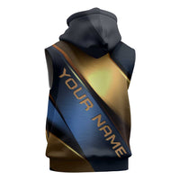 Angry Bowling Ball and Pins Sleeveless Zip Hoodie with Blue and Gold Metallic Stripe Graphic Design - Wonder Print Shop