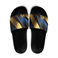 Angry Bowling Ball and Pins Slide Sandals with Blue and Gold Metallic Stripe Graphic Design - Wonder Print Shop