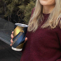 Angry Bowling Ball and Pins Tumbler Cup with Blue and Gold Metallic Stripe Graphic Design - Wonder Print Shop