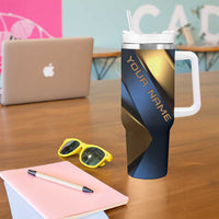 Angry Bowling Ball and Pins Tumbler With Handle with Blue and Gold Metallic Stripe Graphic Design - Wonder Print Shop