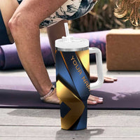 Angry Bowling Ball and Pins Tumbler With Handle with Blue and Gold Metallic Stripe Graphic Design - Wonder Print Shop