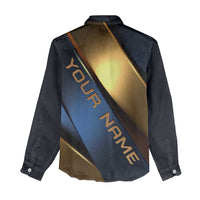 Angry Bowling Ball and Pins Women Casual Shirt with Blue and Gold Metallic Stripe Graphic Design - Wonder Print Shop