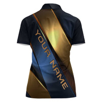 Angry Bowling Ball and Pins Women Polo Shirt with Blue and Gold Metallic Stripe Graphic Design - Wonder Print Shop