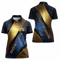 Angry Bowling Ball and Pins Women Polo Shirt with Blue and Gold Metallic Stripe Graphic Design - Wonder Print Shop