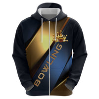 Angry Bowling Ball and Pins Zip Hoodie with Blue and Gold Metallic Stripe Graphic Design - Wonder Print Shop