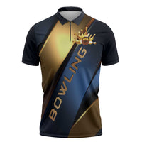 Angry Bowling Ball and Pins Zipper Polo Shirt with Blue and Gold Metallic Stripe Graphic Design - Wonder Print Shop