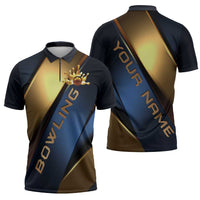 Angry Bowling Ball and Pins Zipper Polo Shirt with Blue and Gold Metallic Stripe Graphic Design - Wonder Print Shop