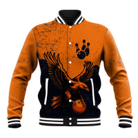Flying Eagle Carrying Bowling Ball Baseball Jacket with Grunge Orange and Black Splatter Design - Wonder Print Shop