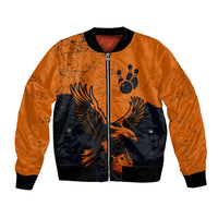Flying Eagle Carrying Bowling Ball Bomber Jacket with Grunge Orange and Black Splatter Design - Wonder Print Shop
