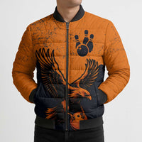 Flying Eagle Carrying Bowling Ball Bomber Puffer Jacket with Grunge Orange and Black Splatter Design - Wonder Print Shop