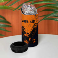 Flying Eagle Carrying Bowling Ball 4 in 1 Can Cooler Tumbler with Grunge Orange and Black Splatter Design - Wonder Print Shop